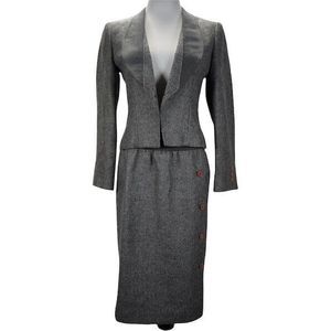Vintage 80s Midi Skirt Suit Size 8 Gray Wool Herringbone Tweed Open Front Blazer